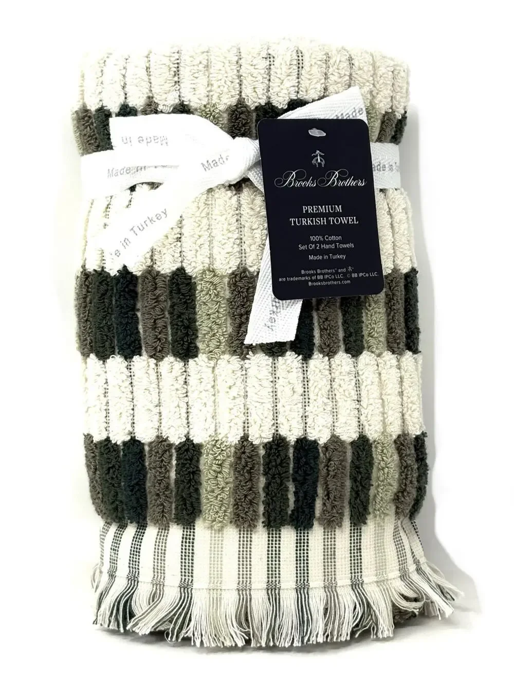 Brooks Brothers Turkish Cotton Mosaic Tile Hand Towels Greens Cream Multi Fringe